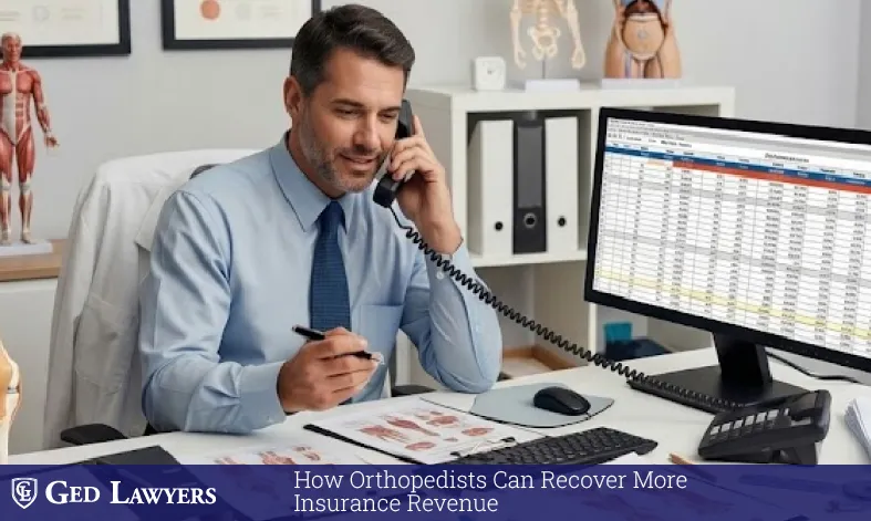 Orthopedic specialist reviewing insurance billing data and revenue reports to recover underpaid claims in a medical office