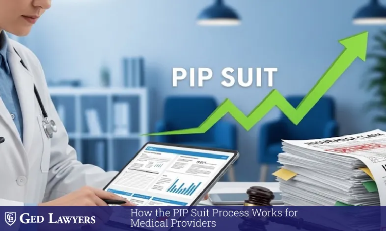 Medical and legal graphic with tablet, files and rising arrow illustrating the PIP suit process for providers